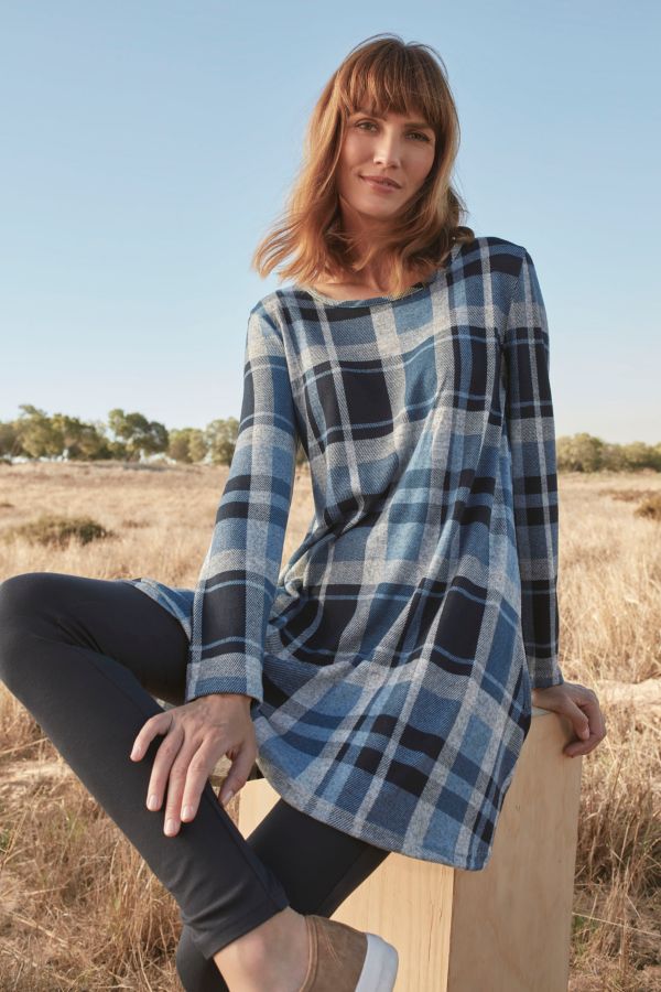 GREY AND BLUE CHECK A-LINE TUNIC