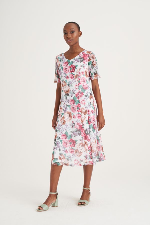 MESH FLORAL FIT AND FLARE DRESS