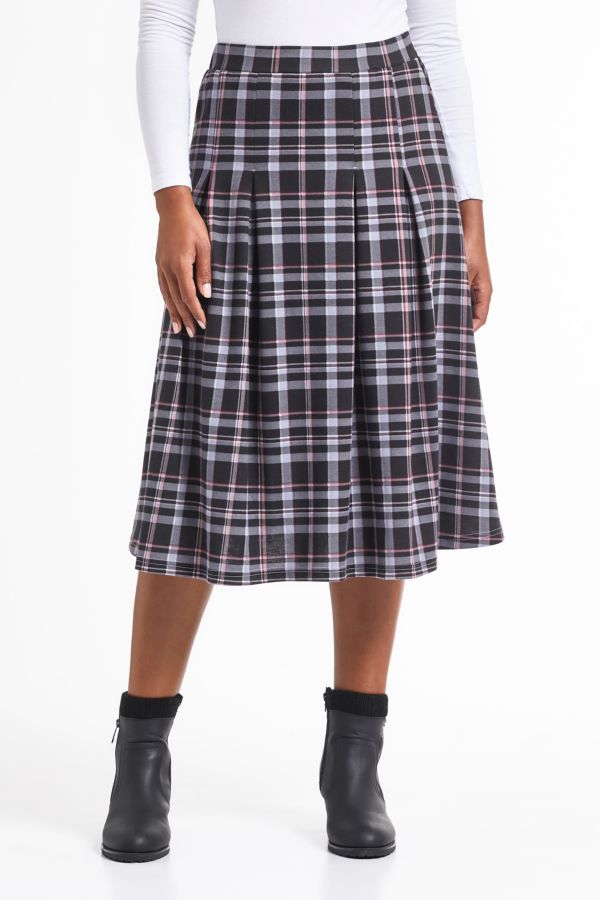 BURGUNDY CHECK PLEATED A-LINE SKIRTS