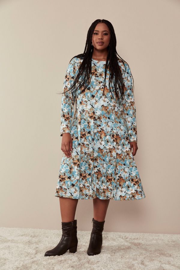 ABSTRACT FLORAL FIT AND FLARE DRESS