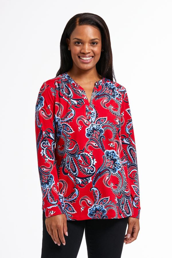 NAVY AND RED PAISLEY HENLEY TOP