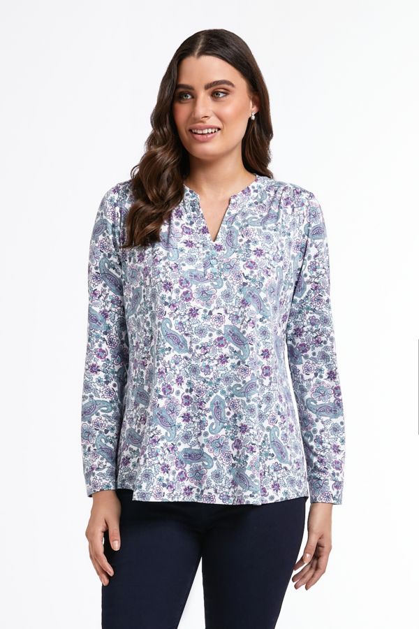 PINK AND BLUE PAISLEY HENLEY TOP