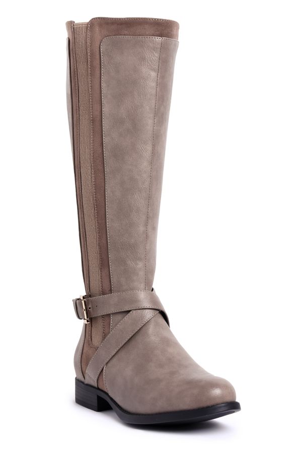 LONG PANELLED BUCKLE BOOT - TAUPE