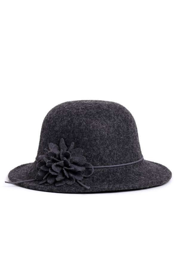 RPL CHARCOAL CLOCHE HAT WITH FLOWER