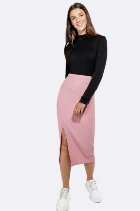 Women's Pink Rib Jersey Front Slit Pencil Midi Skirt