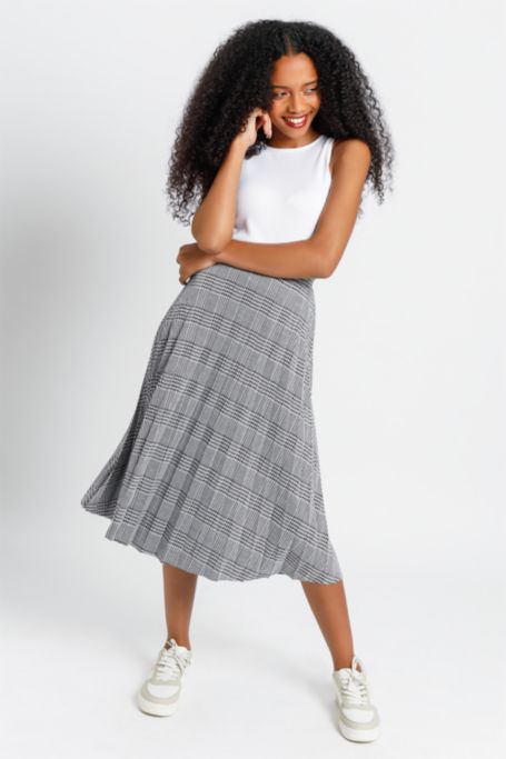 Check Pleated Midi Skirt 