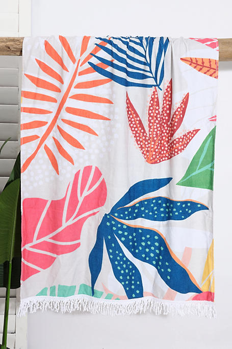 Printed Cotton Botanical Fringe Beach Towel 90x150cm
