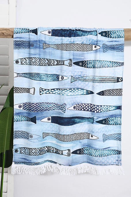 Printed Cotton Coast Fish Fringe Beach Towel 90x150cm