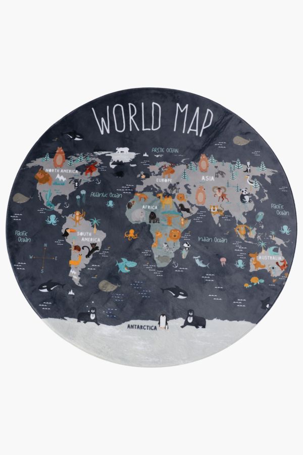 Printed Round World Map Rug, 120cm